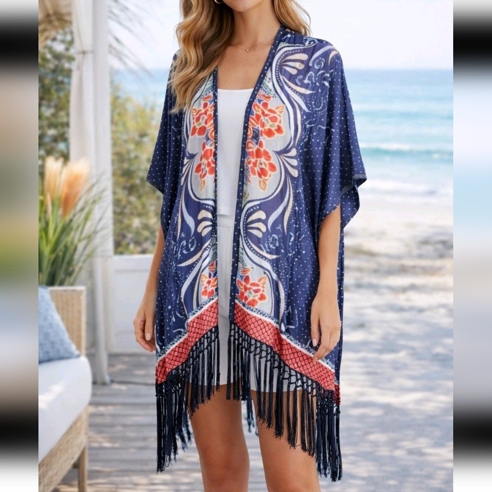 Chico's Silk Modal Blue Multi Floral Fringe Kimono Ruana Topper SZ Medium Boho